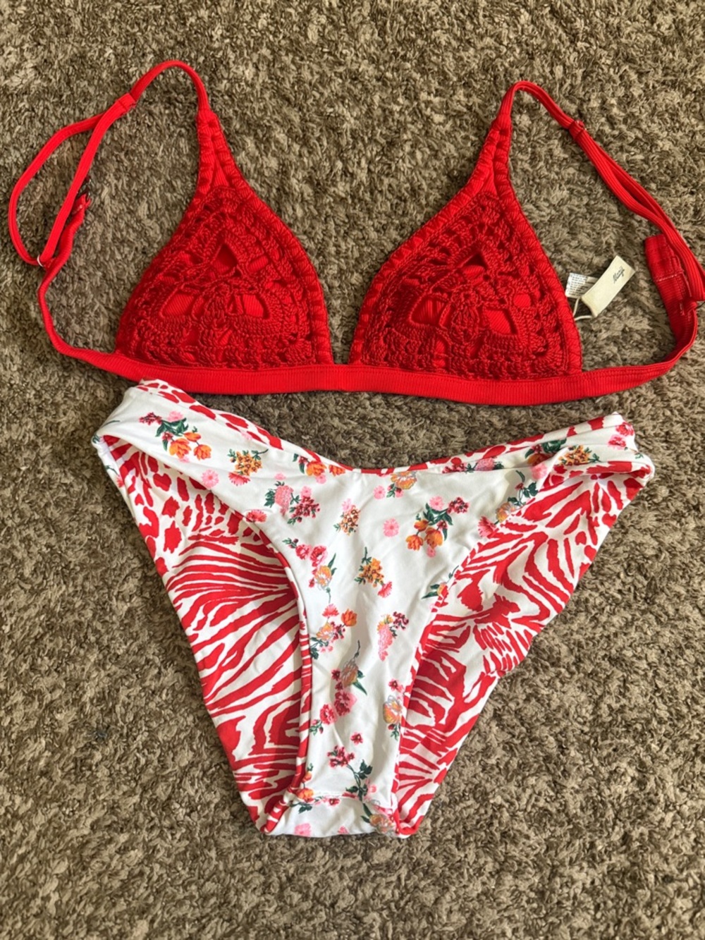 Maaji Red Crochet Triangle Bikini Top with Floral & Red Zebra Print Bottom